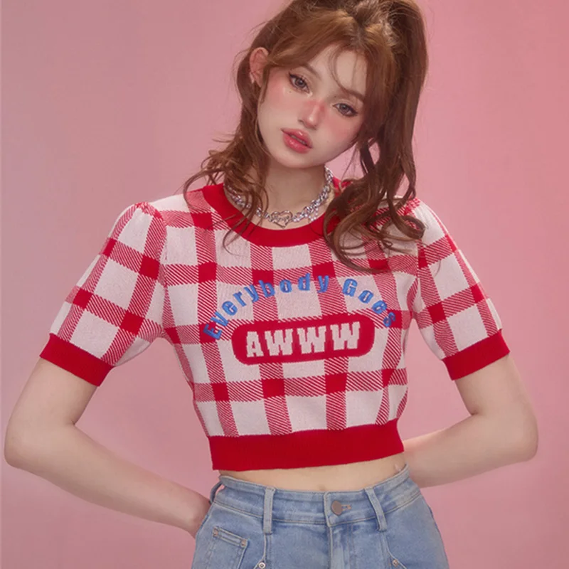 Plaid Embroidery Letter O-Neck Puff Sleeve Ice Silk Women\'s knitwear Short Top Summer 2023 Sweet Cute Fashion Vintage Pullover