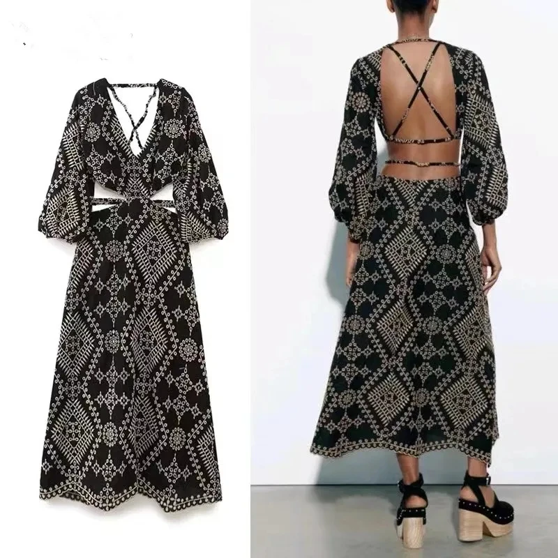 

Fashion Summer Women's Clothing Vintage Lantern Sleeve Embroidery Long Dress Sexy V-neck Backless Holiday Beach Dress