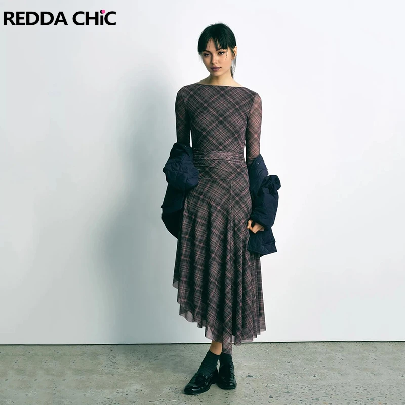 

REDDACHiC Boatneck Long Sleeve Dress Plaid Backless Crossover Bandage Shirring Irregular Hem Midi Dress Vintage Women Clothes