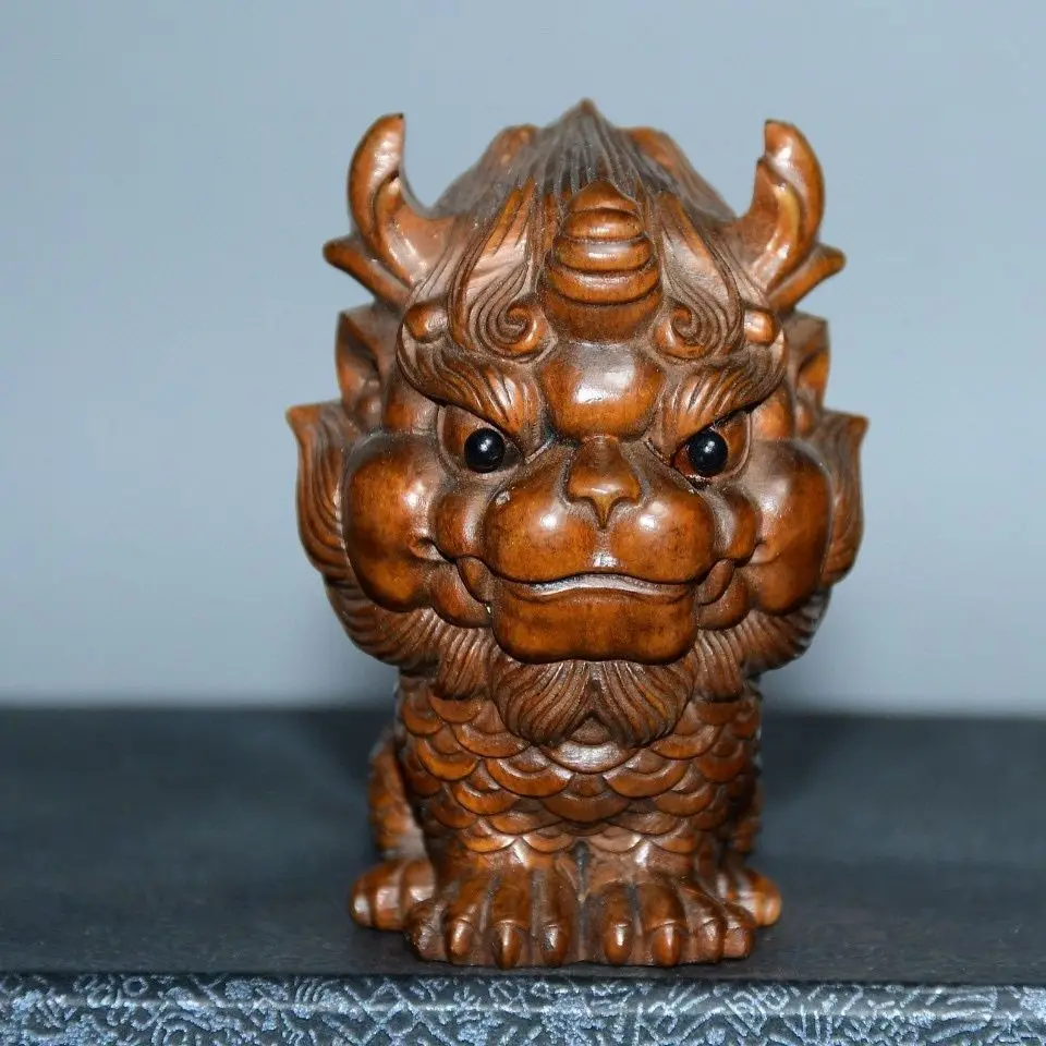 Hand Carved Wood dragon kylin Statue Figurine Desktop Ornaments Home Decoration Crafts Tea Pet Decor