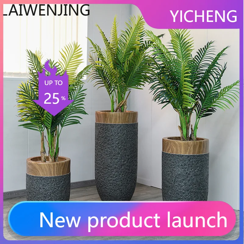 

LYY Outdoor Fiberglass Flower Pot Two-tone Wood Grain Combination Potted Plant Ornament