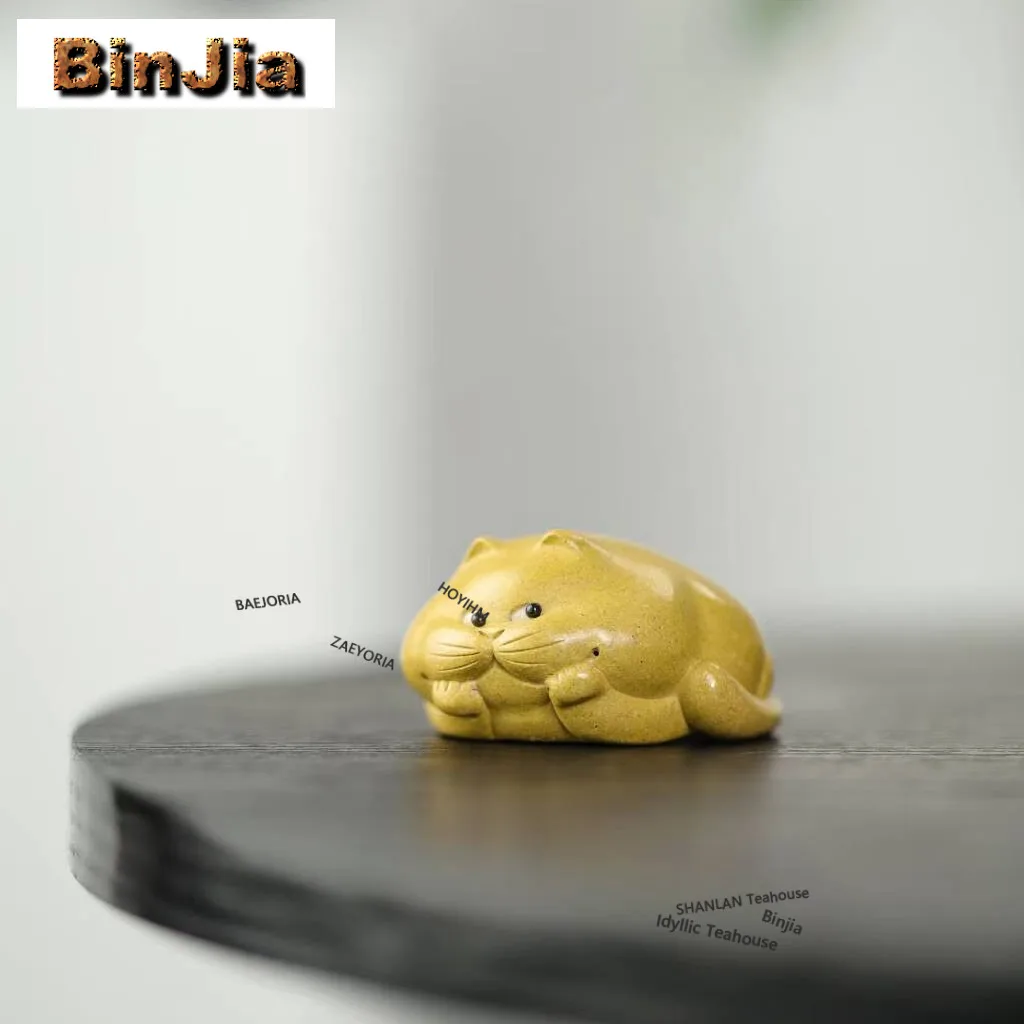 Yixing Zisha Cheek Rest Cat Tea Pet Traditional Fish Tank Landscaping Tea Figurine Play Toys Tea Statue Ornaments Tea Table Gift