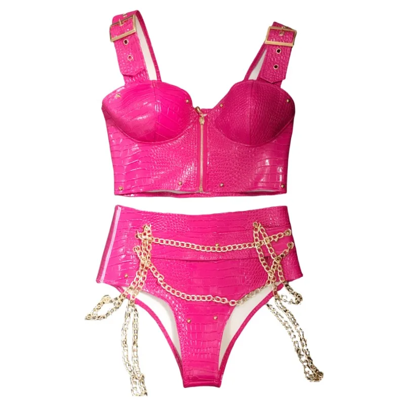 

Sexy Rose Leather Crop Tops Shorts 2 Pieces Set Women Singer Dancer Nightclub Stage Wear Jazz Dance Team Performance Clothing