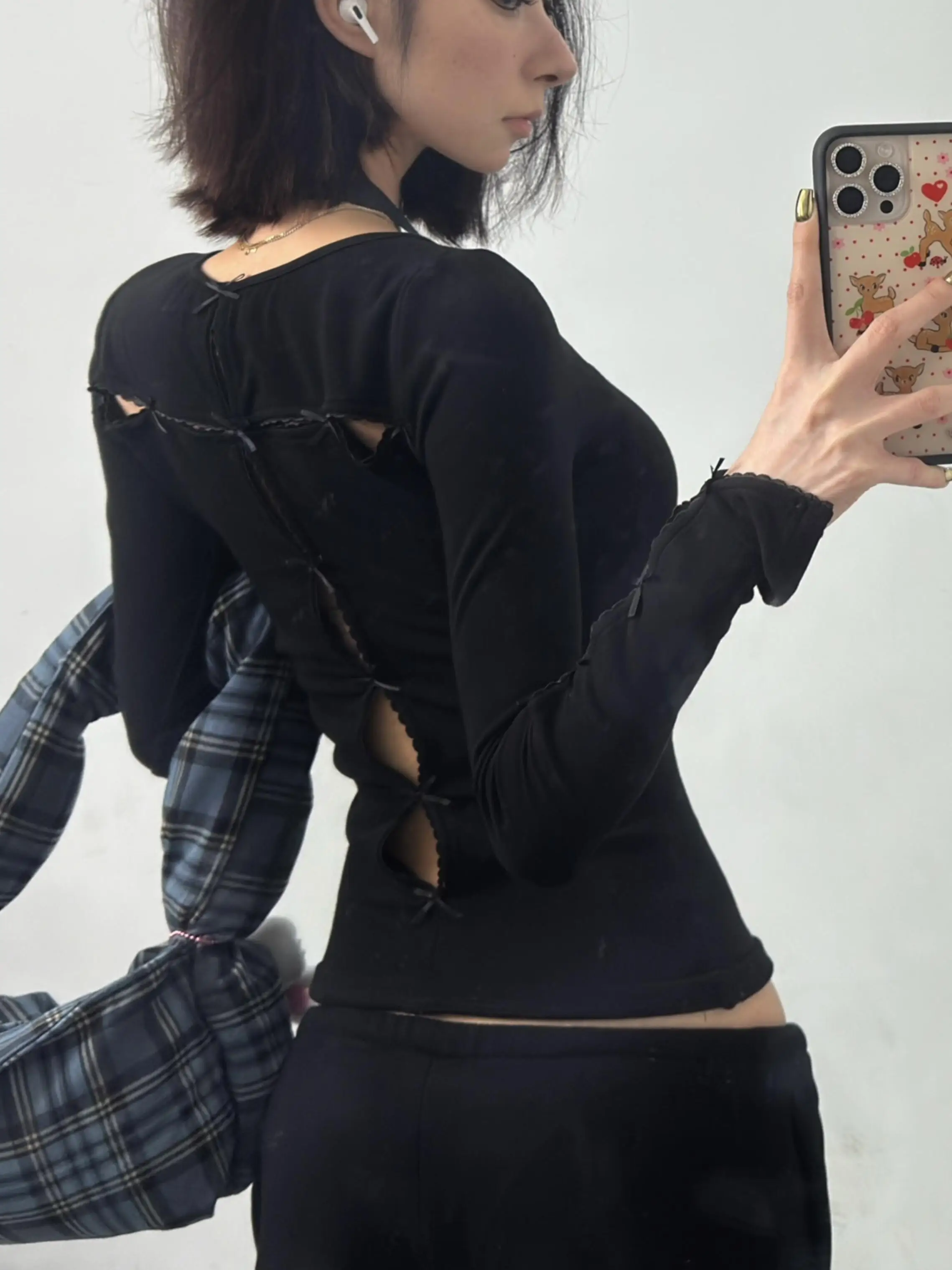 Slim Fit Hollow out T-Shirt Women's Autumn Winter New Style Two-Way Design Internal Matching Top American Hot Girl Style