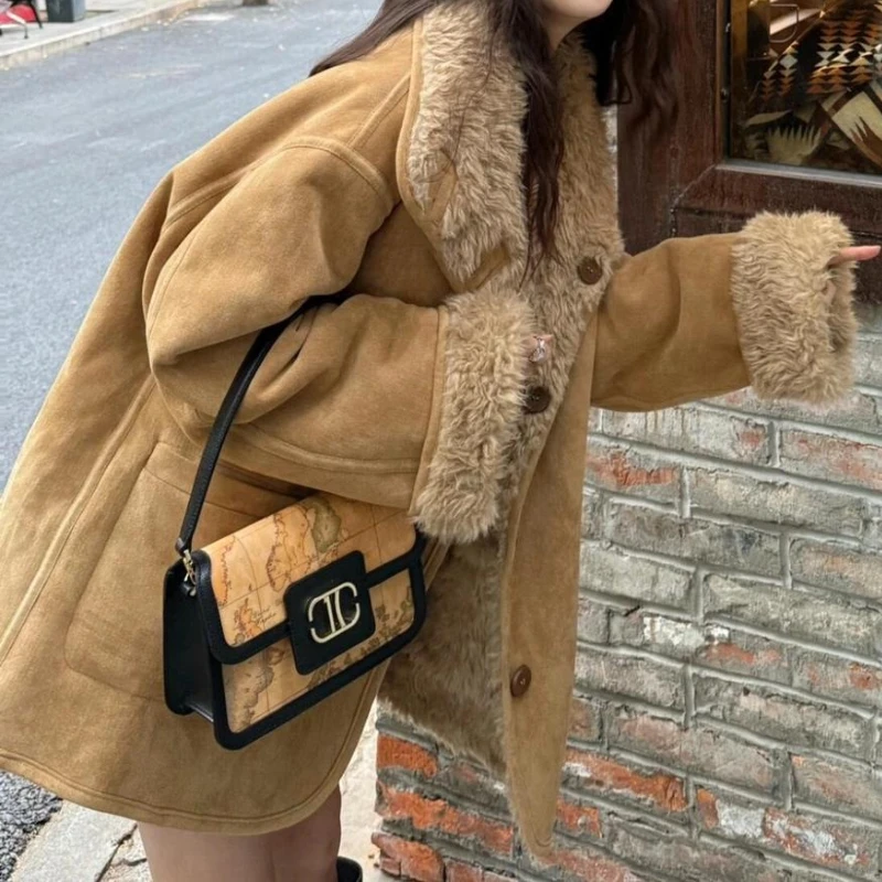 

Reversible Shearling Motorcycle Jacket for Women, Autumn and Winter, Loose Thick Suede and Shearling Coat