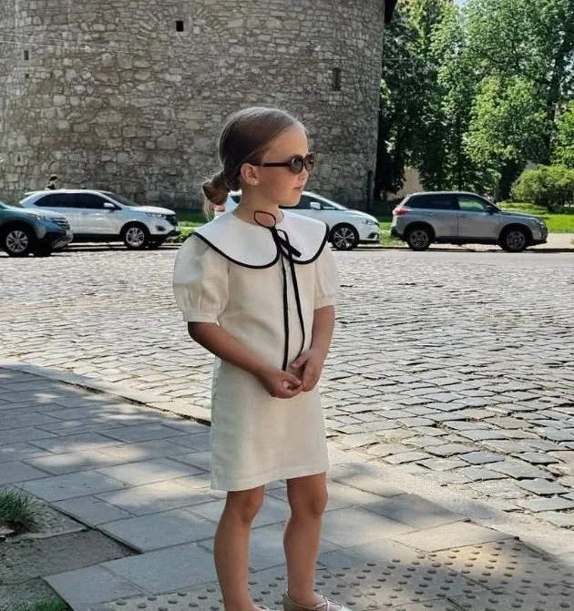 

2026 New Russian Girls Spring and Summer Cotton Linen Color Blocked Peter Pan Collar Temperament British French Princess Dress