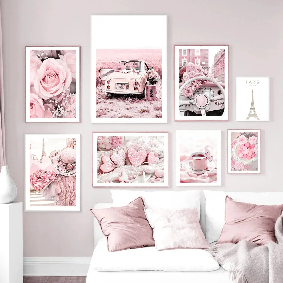Pink Rose Paris Tower Vintage Car Macaron Cake Wall Art Canvas Painting Posters And Prints Wall Pictures For Living Room Decor