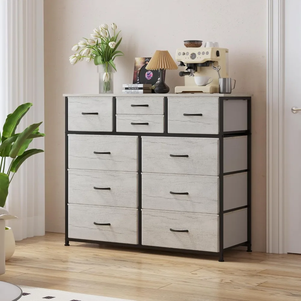 

10-Drawer Fabric Storage Dresser Drawers for Bedroom, Hallway, Nursery, Closets, Steel Frame, Wood Top, Easy Pull Handle