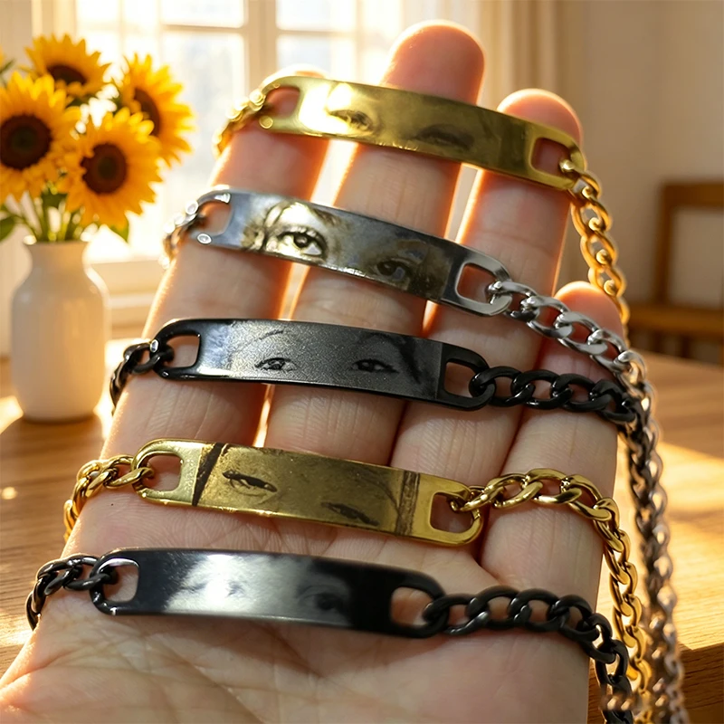 Trend Couples Eyes Photo Engraved Customized Bracelet Stainless Steel Man Woman Eye Personalized Cuban Link Chain Bracelet
