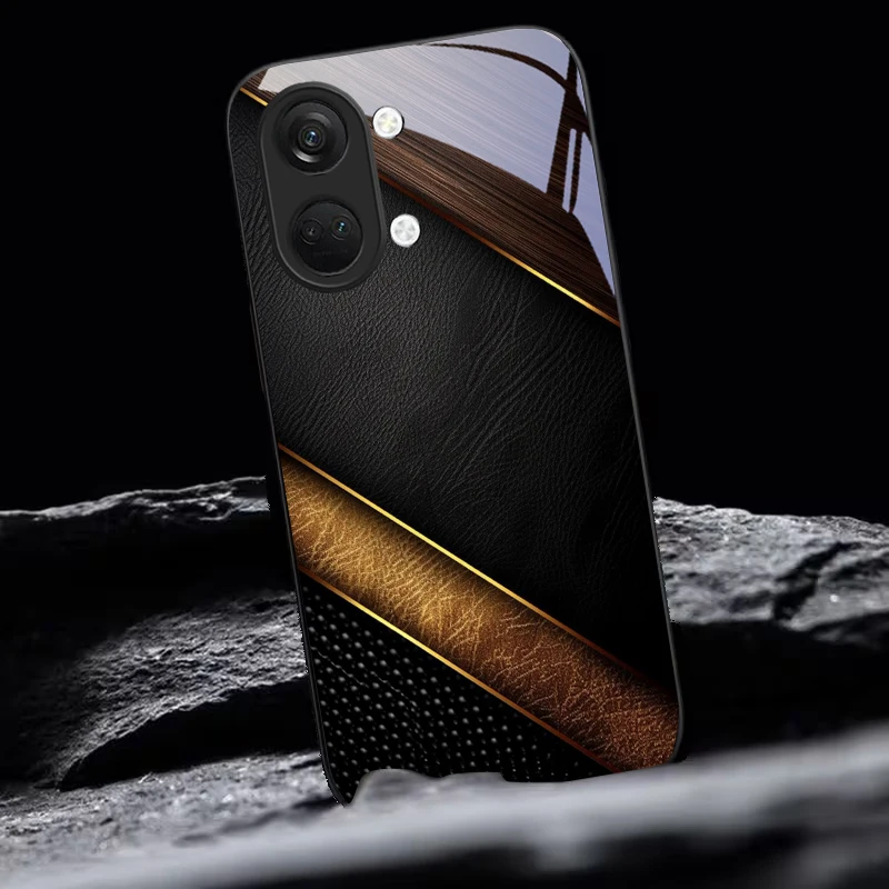 Gold Trim Leather Black Glass Phone Case For OnePlus 6 6T 7 7T 8 8T 9 10 Pro 12 11R 12R 13R Nord CE 2T 2 3 Lite N20 N30 4G Cover