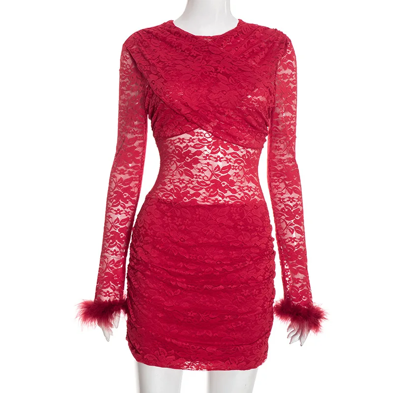 Feathers Spliced Cross Lace Ruched Bodycon Mini Dress Women Fashion Sexy O Neck Long Sleeve Slim Party Clubwear Christmas Outfit