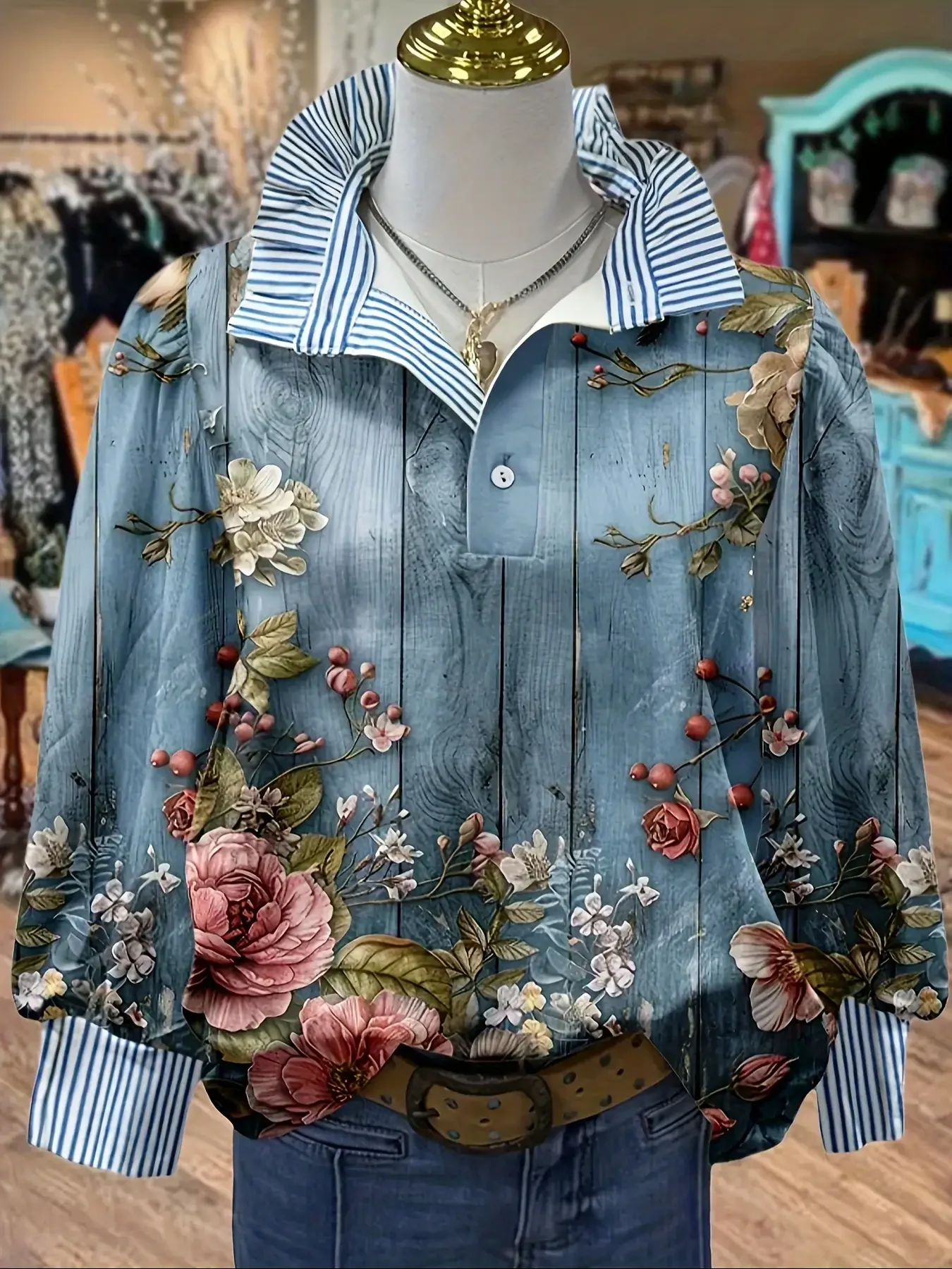 Women's striped personalized fashion shirt, multi-color striped collar, Colorful checkered patchwork clothing