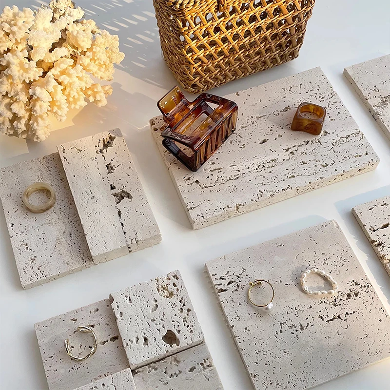 트래버틴 대리석 보석함, 메이크업 사진 촬영용 스톤 화장대 트레이, 귀걸이 진열대, 수공예 와비사비 장식