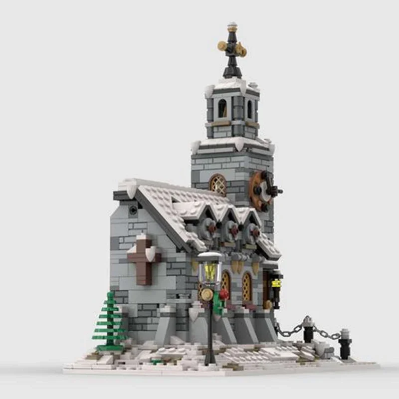 Décennie s de construction MOC pour enfants, modèle de vue sur la rue, petite église d'hiver, briques techniques, assemblage de bricolage, jouets célèbres, cadeaux de vacances