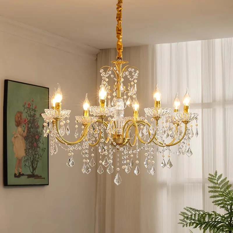 French Retro Copper Crystal Living Room E14 Chandeliers Light Luxury Dining Room Bedroom Study Candle Pendant Lights Lustre Lamp