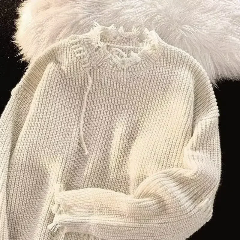 

Men's Clothing Pullovers Beige Knit Sweater Torn with Holes Solid Color Patchwork Plain Loose Fit Korean Autumn Clothes JJ1270