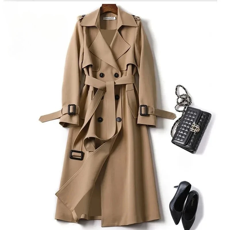 

New Arrival British Style Coat Polyester Fiber Full Sleeve Pure Color Coat Women's Mid-Length Overcoat Knee-Length