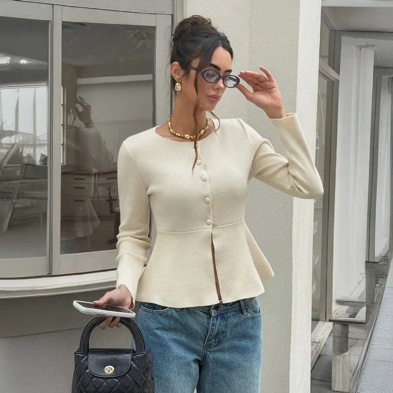 French Elegant Women Round Neck Knit Sweater Mermaid Hem Long Sleeve Pullover 2026 Autumn Winter Mature Fashion Knitwear Tops