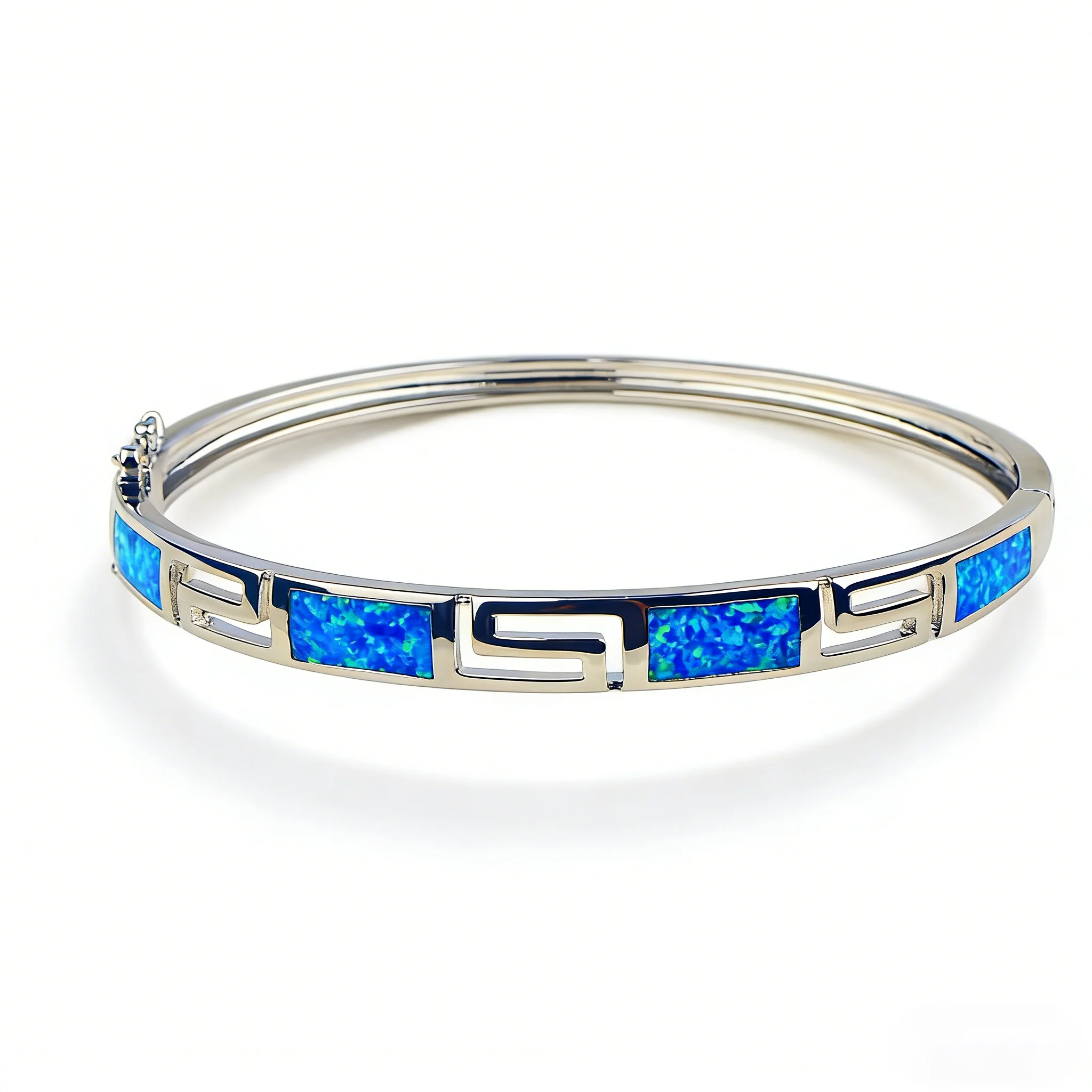 Vintage Greek Key Bracelet for Women,Silver Plated Closed Cuff with Blue Synthetic Opal Inlay,Mythology Inspired Jewelry Gift