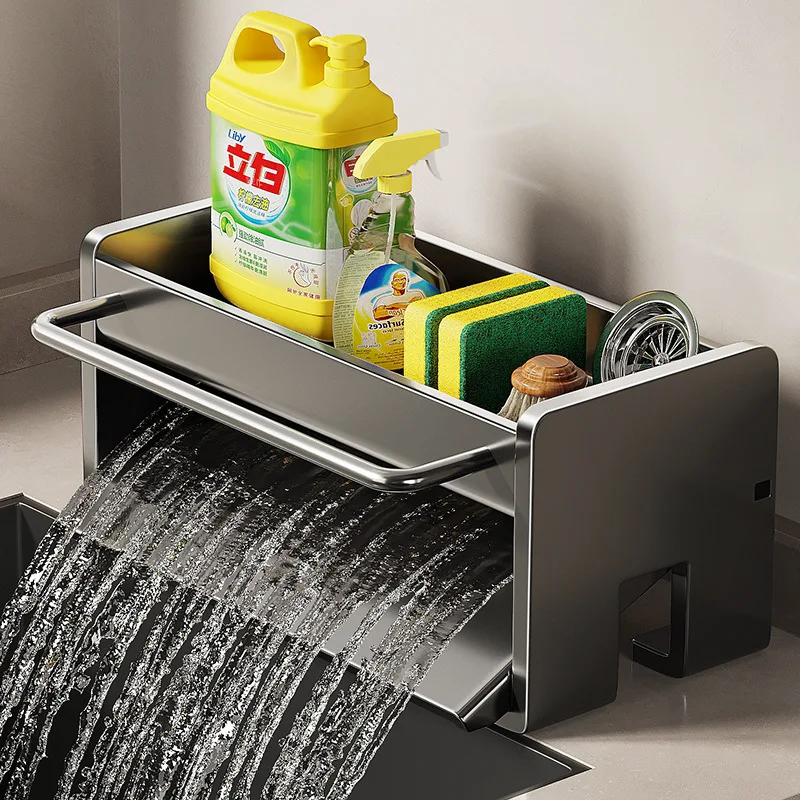 Kitchen Sink Organizer Carbon Steel Kitchen Sink Stand Sponge Holder Dish Drainer Shelf Storage with Self-Draining Tray