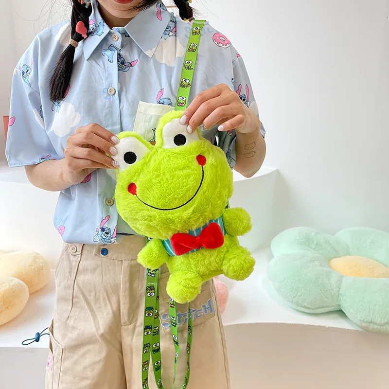 Bolso de hombro de felpa para niños y mujeres, morral suave y encantador con dibujo de rana sonriente, bolso de muñeca para padres e hijos, monedero para teléfono