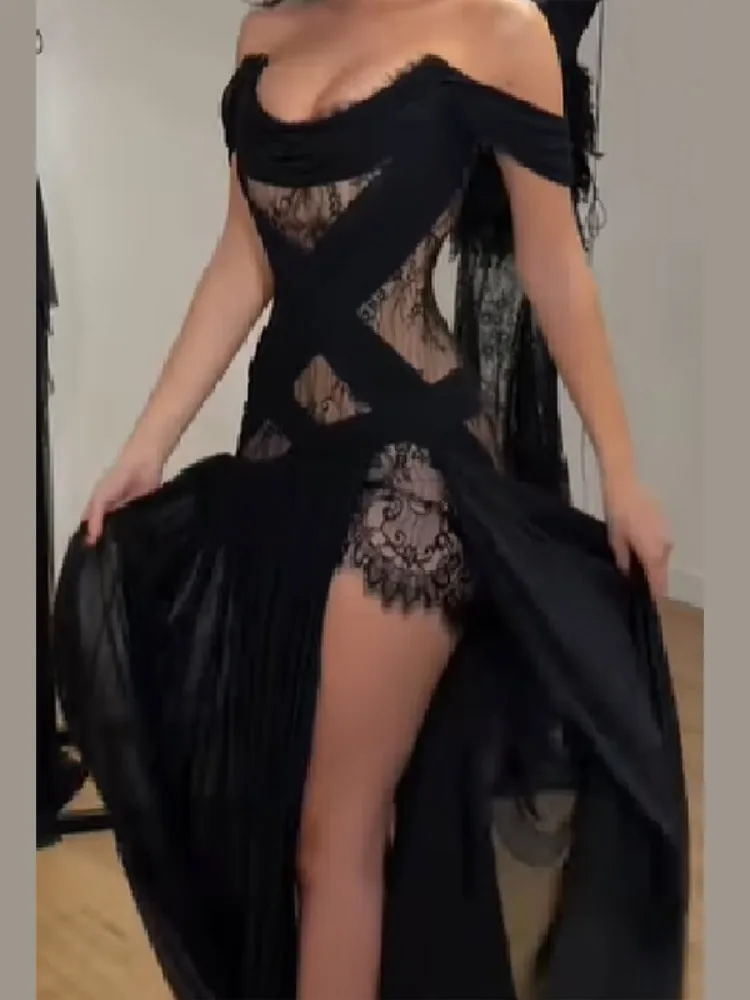 Elegant Lace Patchwork Slit Strapless Dress Sexy Off-shoulder High Waist Long Skirt New Trendy Party Y2k Robe Gothic Style Gown
