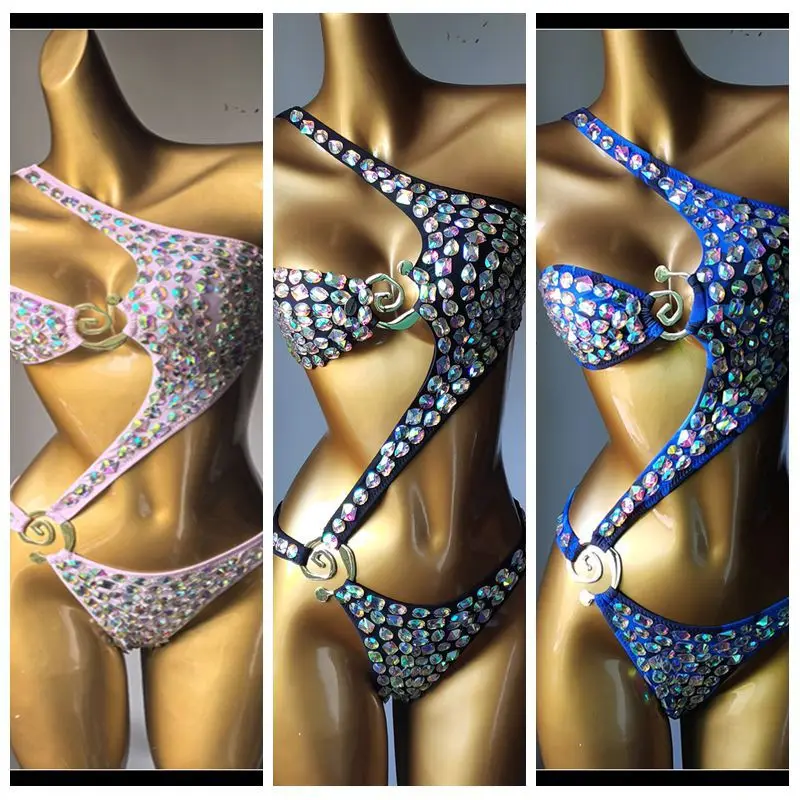

Girls Rave Rhinestone Bikini Sexy Swimwear One Piece Beach Suits Porno Exotic Dance Wear Nightclub Stripper Outifits Costumes