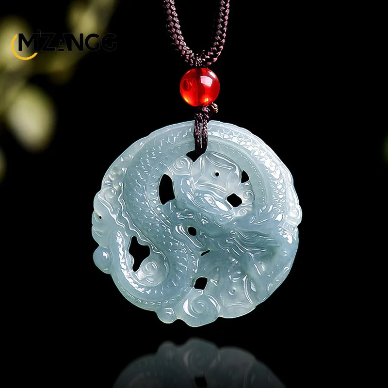 Natural Jadeite Blue Water Business Prosperity Through The Wealth of The Dragon Pendant Fashion Men and Women Lucky Amulet Gifts