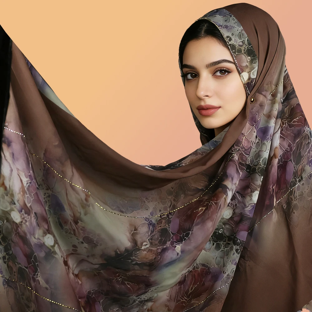Elegante hijab in chiffon con stampa acquerello - effetto marmo grigio viola marrone con finiture in strass, foulard hijab ultra morbido ​