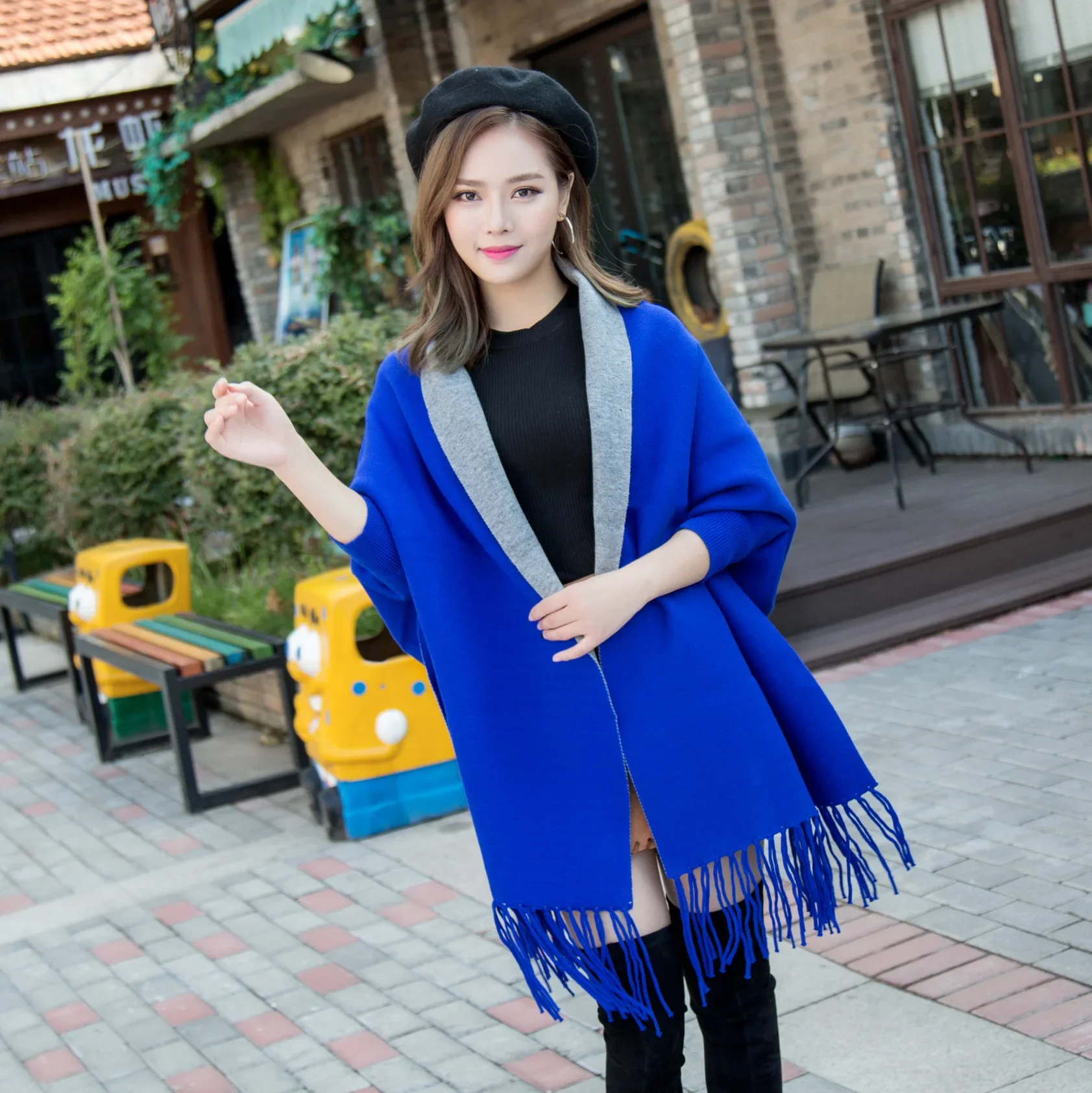 

Осень-зима, утолщенный теплый пояс, шаль с рукавами, двусторонний шарф, женский плащ двойного назначения, пончо, женские накидки, розово-синие плащи