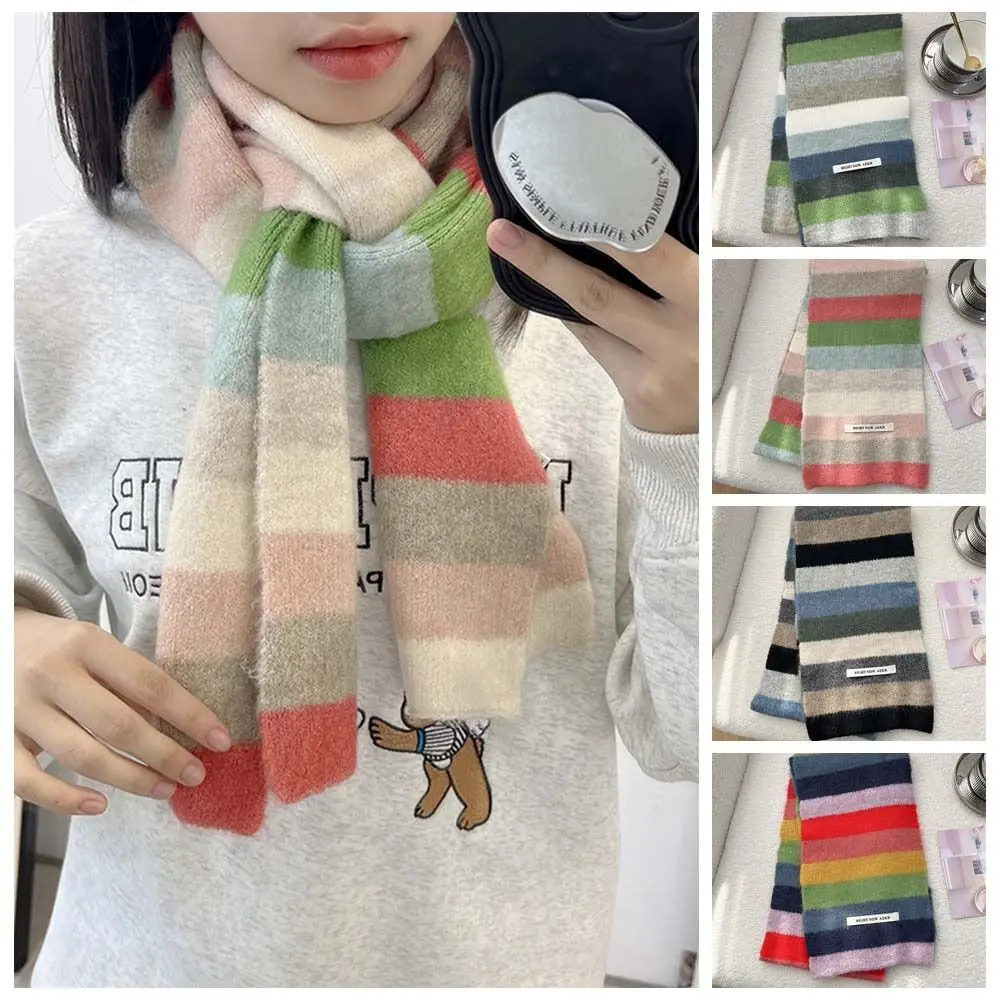 Warm Wrap Rainbow Stripes Scarf Letter Embroidery Bandana Pashmina Korean Style Scarf Sweater Tops Mohair