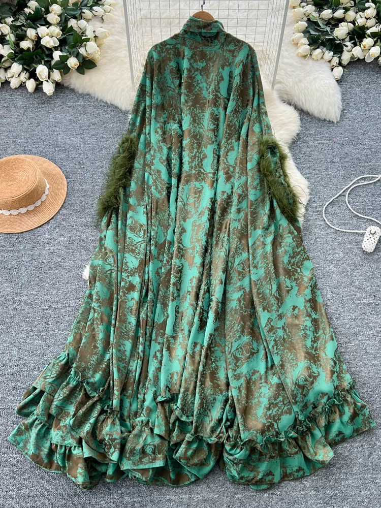 Faionable Large Print Dr Women's Lazy High-End Feeling  Knot Tie Fur Patchwork Cover up Print Long Dr