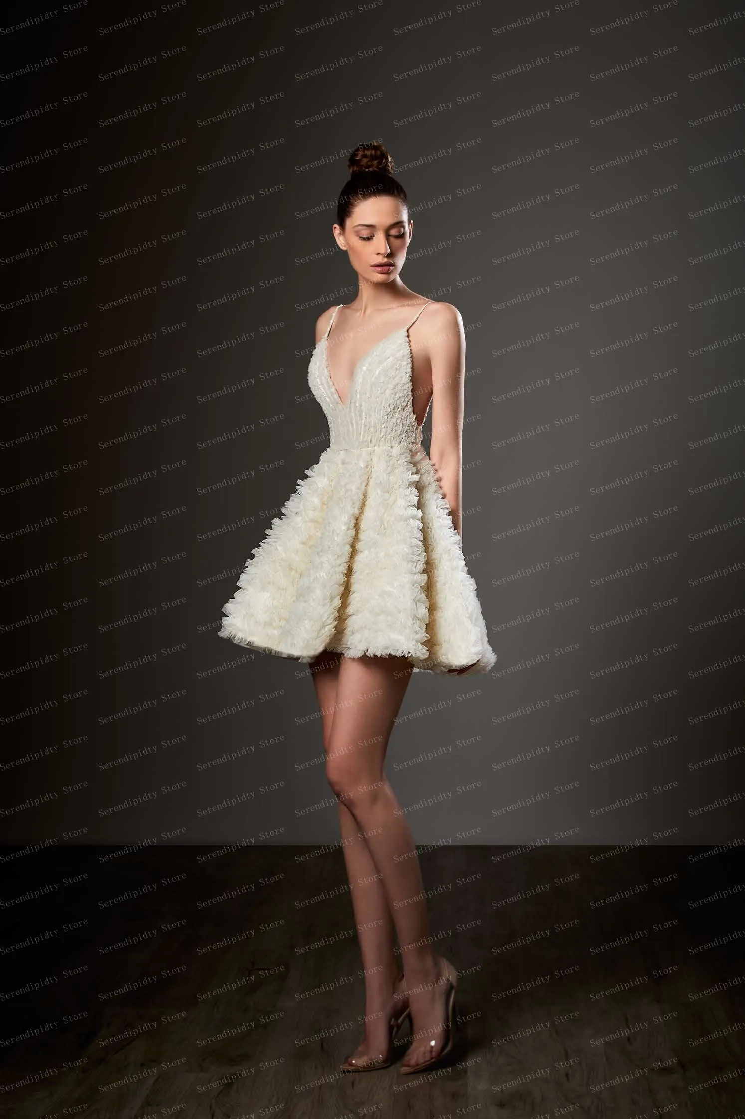 V-neck Mini White Tulle Ball Gown Starps Fluffy Summer Dresses Women 2022 Layered Party Dresses Open Back Beige Female Dress