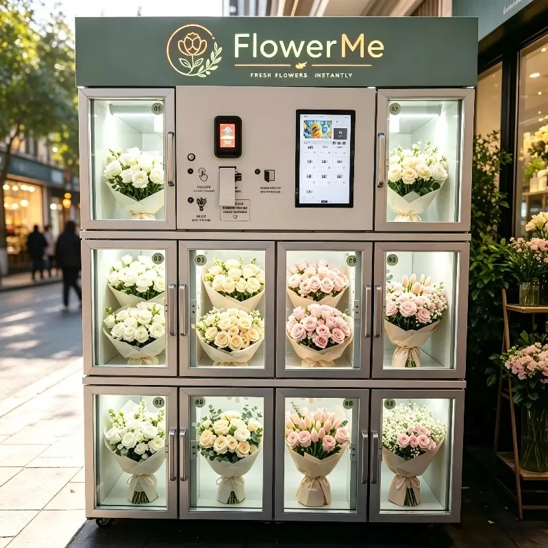 Smart Touch Screen Flower Vending Machine Refrigerated Compressor Cooling 10-Piece Capacity Remote Monitoring Multiple