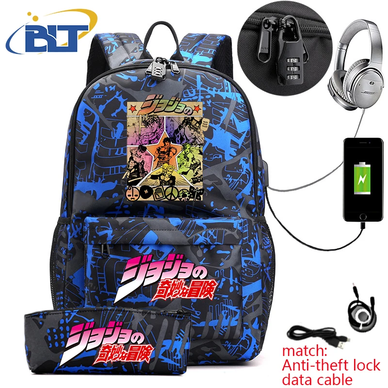 Jojo Bizarre Adventure anime student school bag USB backpack pencil case 2-piece set for boys and girls