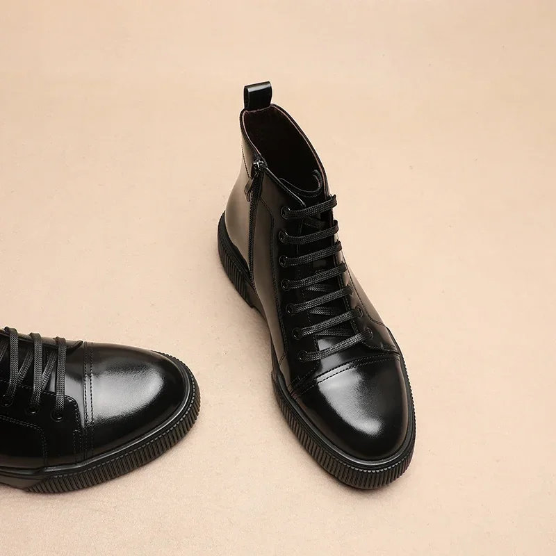 

2025 Casual Men's Boots with Leather Thick Sole British Fashion High Top Lace Up Short Boots
