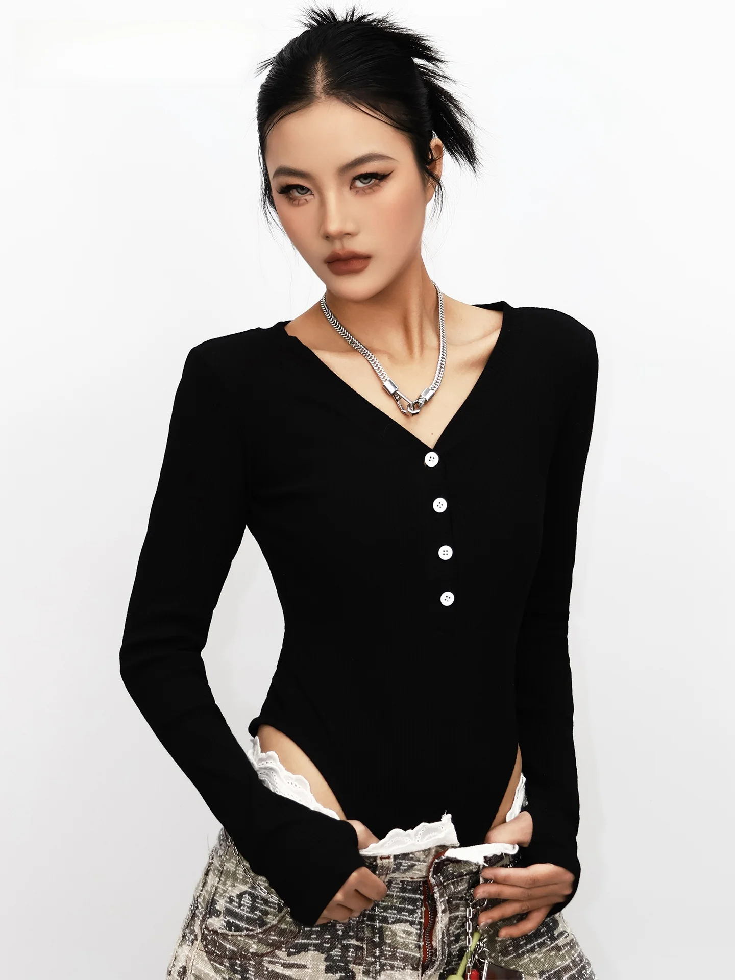 Cool American Retro Deep V-neck Women's Slim Fit Long Sleeve Onesie Commute Straight Tube Low Waist Cotton Blend Fabric