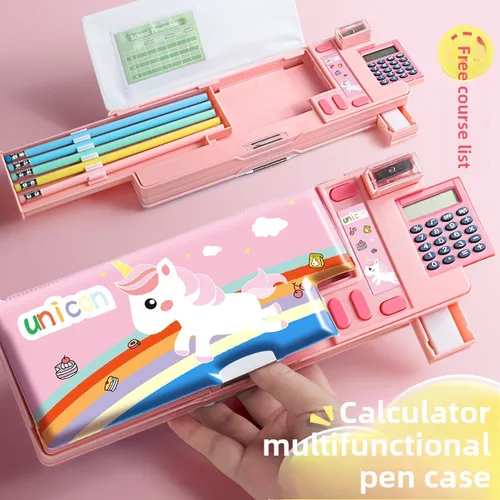 Imagen 2 del producto Caja de papelería de plástico para estudiantes, calculadora para niños de dibujos animados, estuche de lápices multifuncional, almacenamiento de gran capacidad