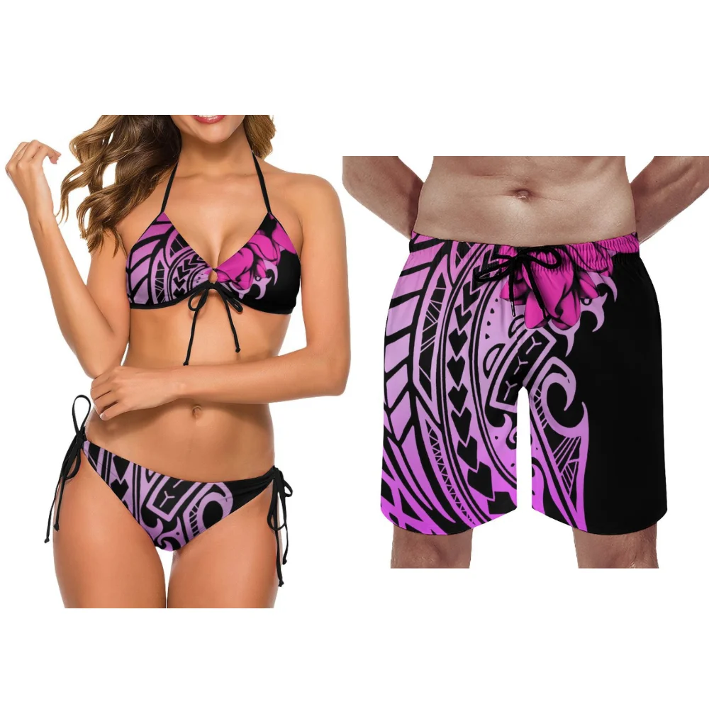 แฟชั่นชุดรูปแบบใดๆชุดว่ายน้ําคู่ Retro Beach กางเกงขาสั้นชุดคู่บิกินี่กางเกงขาสั้น Custom-Made Polynesian ชาติพันธุ์พิมพ์