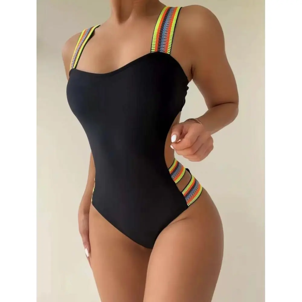 Cikini-One Piece Swimsuit for Women, Sexy Beachwear, Striped Tape, Beach Swimwear, Bathing Suit, Summer