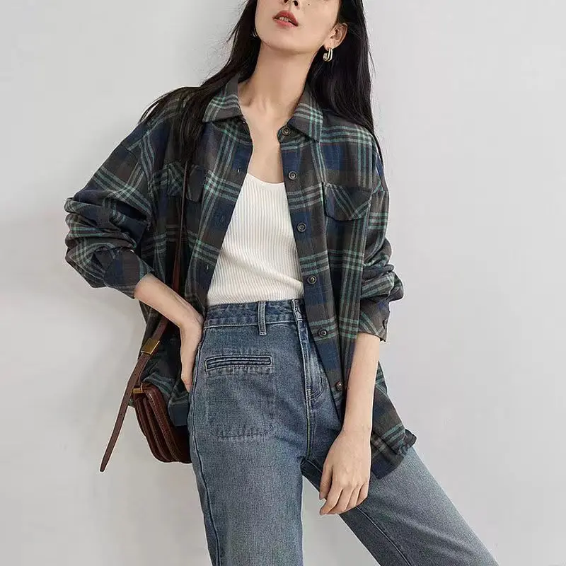 

Женская хлопково-льняная клетка в клетку, свободная повседневная одежда для похудения живота, осеннее новое поступление, воротник на пуговицах, длинный свек