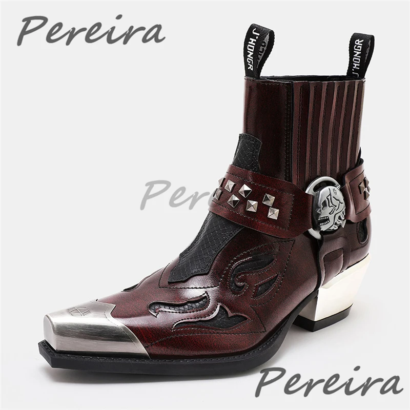 Men's Genuine Leather Chelsea Boots Punk Skeleton Rivet Strap Slip-On Knight Boots Metal Square Toe Thick Heel Short Boots