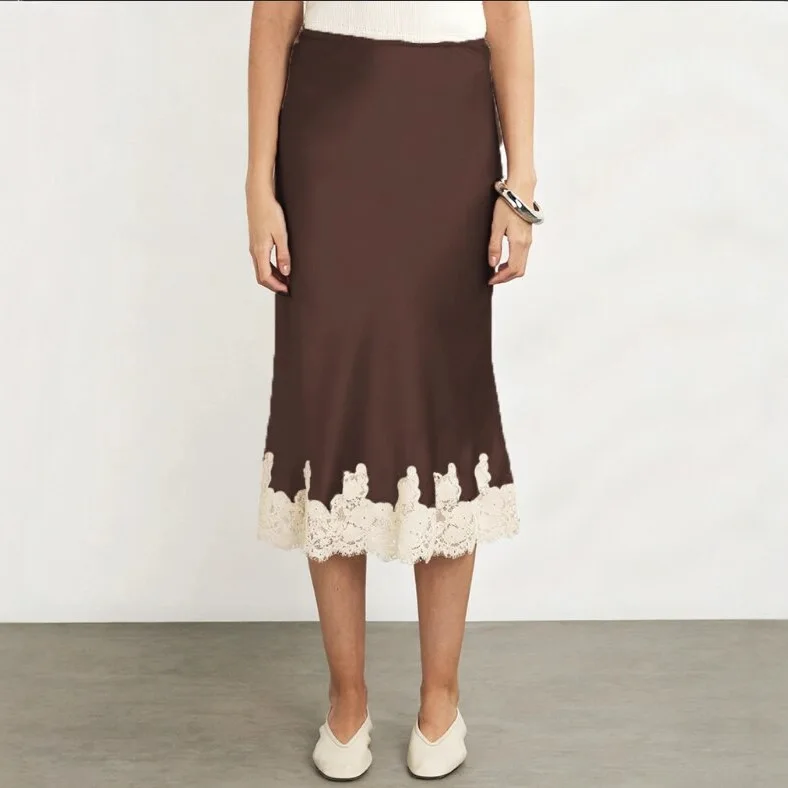 

Long Lace Splicing Satin Skirt Women Fashion Spring Summer New Chic Female High Waist Elegant Skirts Mujer 2026 Ropa De Mujer