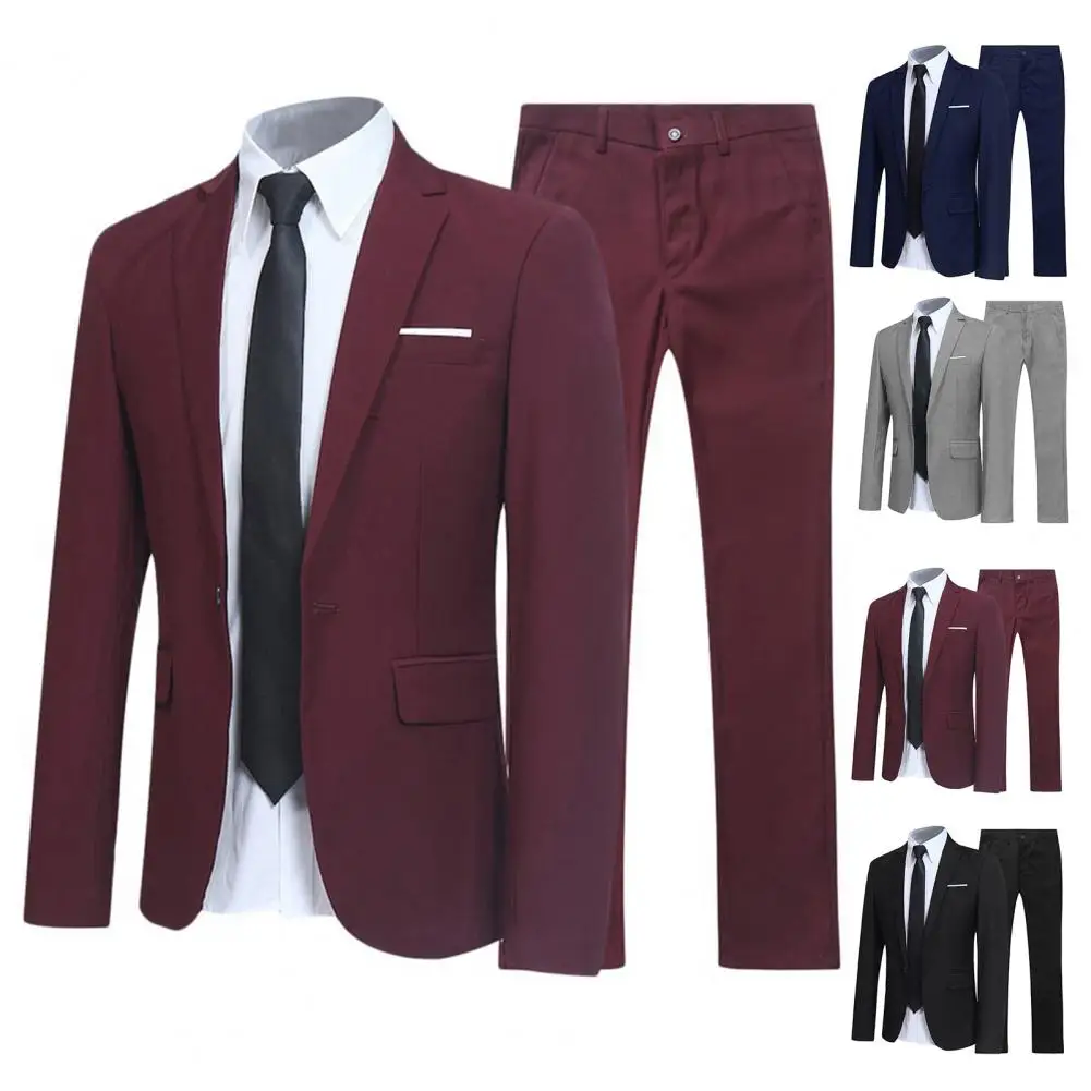 Stylish  Men Blazer Pants Spring Autumn One Button Lapel Suit Set Fine Touch Super Soft Suit Coat Trousers for Wedding