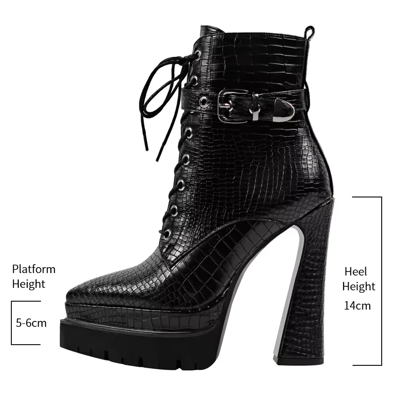 Onlymaker Women Black Booties Double Platform Side Zipper Lace-up Fashion Ankle Boots