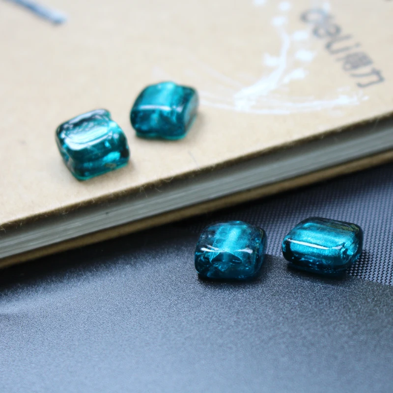 10Pcs/lot 12mm 20mm Teal blue Lampwork glass beads Square Foiled Beads for Earring Braclet Necklace jewelry making