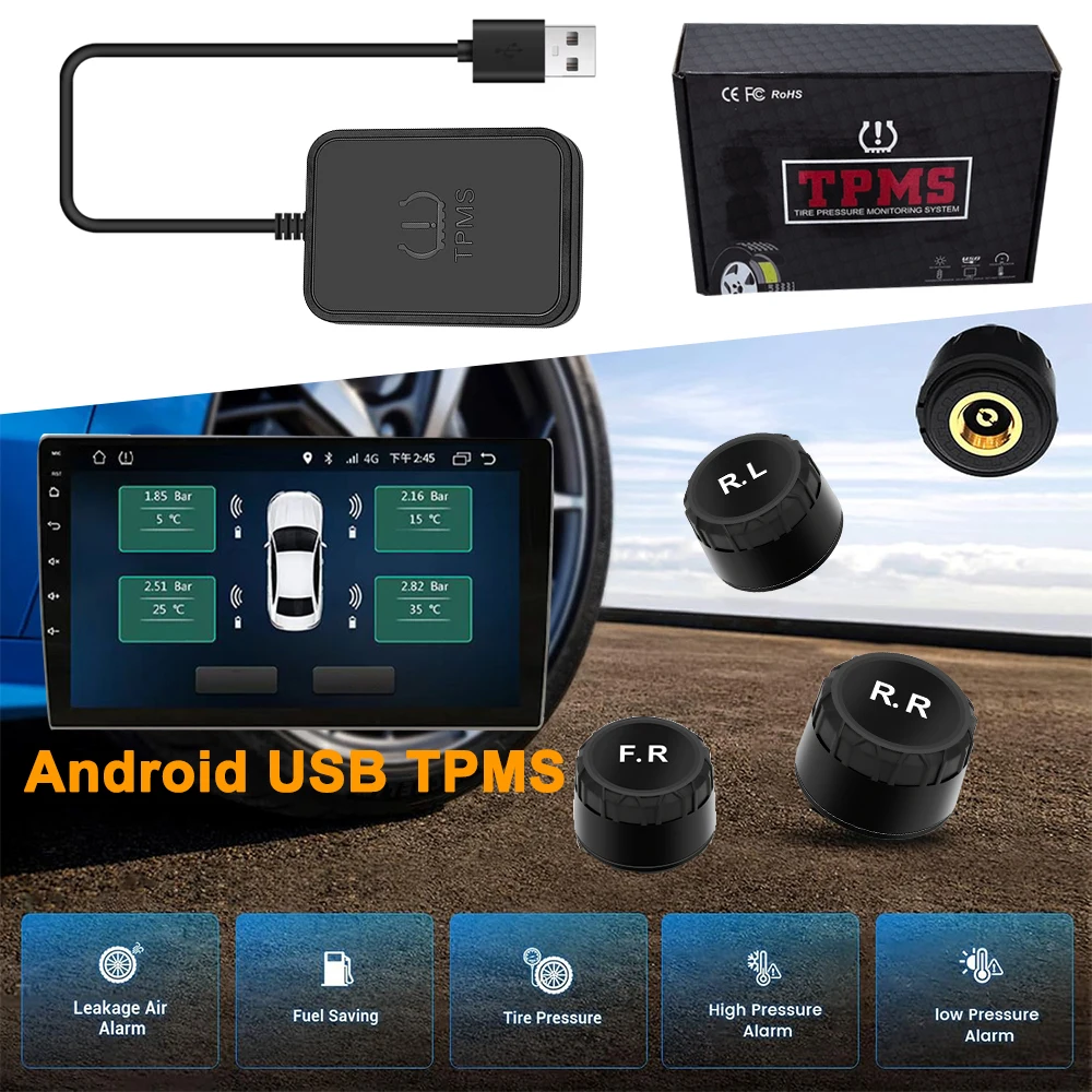 For Large Screen Car Navigation Player Android USB TPMS Car Tire Pressure Alarm Monitor System 5V Wireless External Sensors