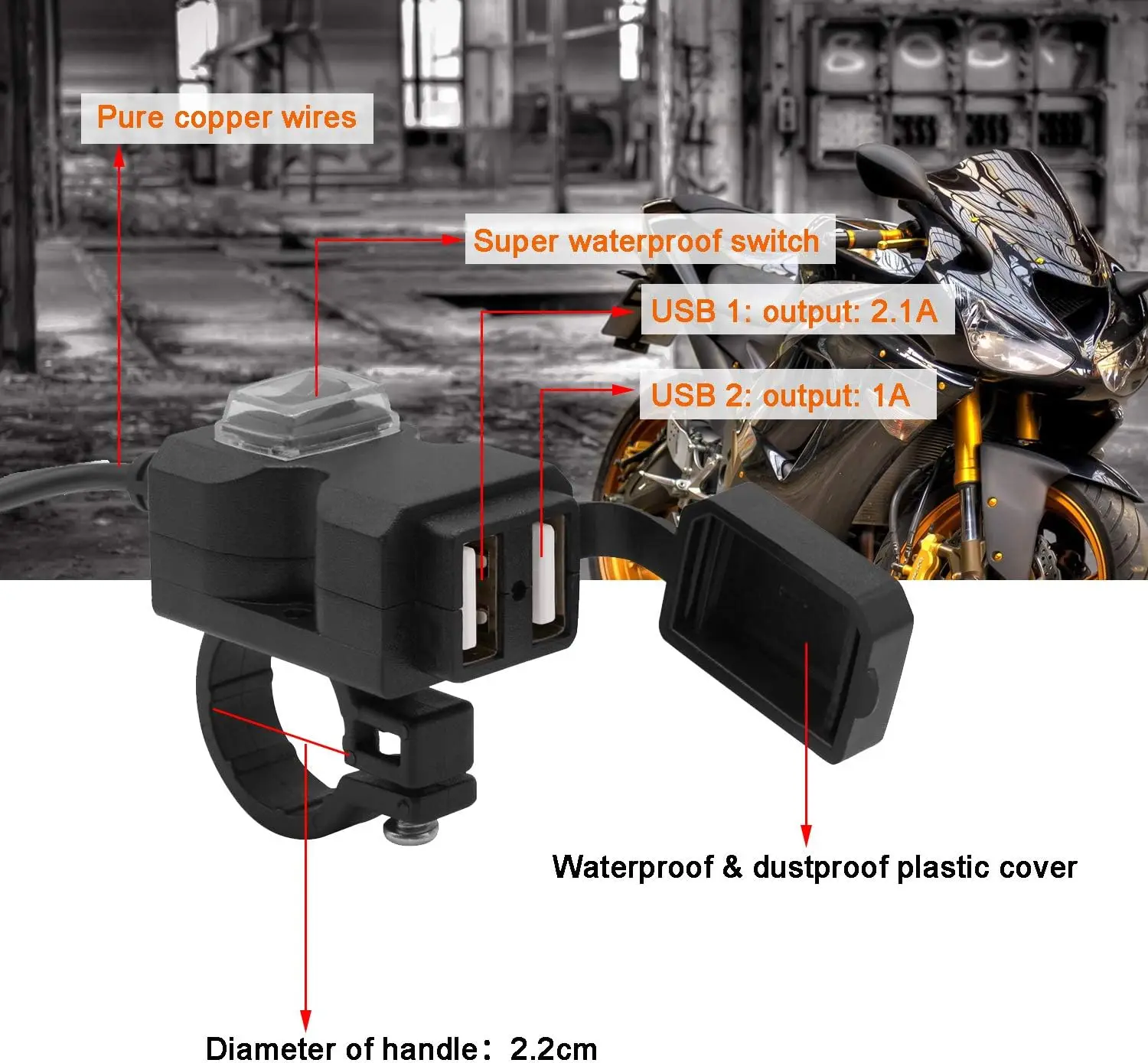 Motorcycle Phone Charger QC3.0 USB Fast Charging With Switch Waterproof 12V-24V Power Adapter Motorcycles Atvs Scooters