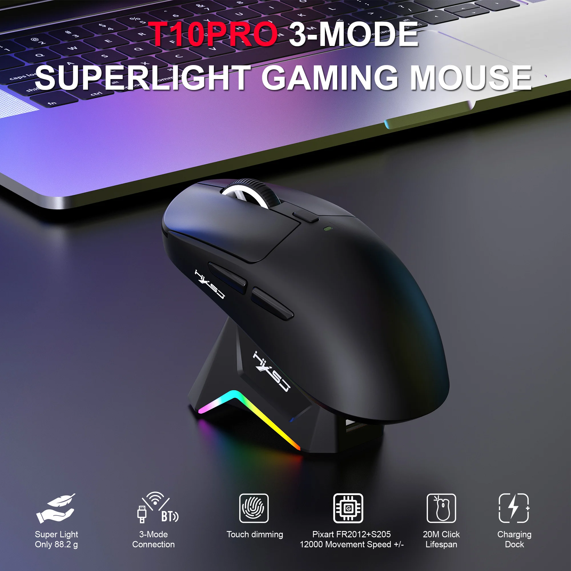 T10 Tri Mode Wireless Gaming Mouse Lightweight With Charging Dock RGB Backlit 1KHz 12000DPI Macro Programmable For PC Laptop