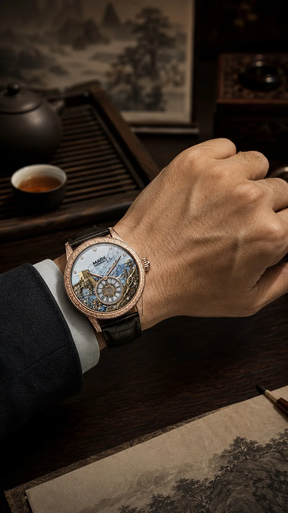 Men's Automatic Great Wall Mechanical Watch Luminous Skeleton Two Hands Small Second Sub Dial 30M Water Resistant 43MM Large Dia